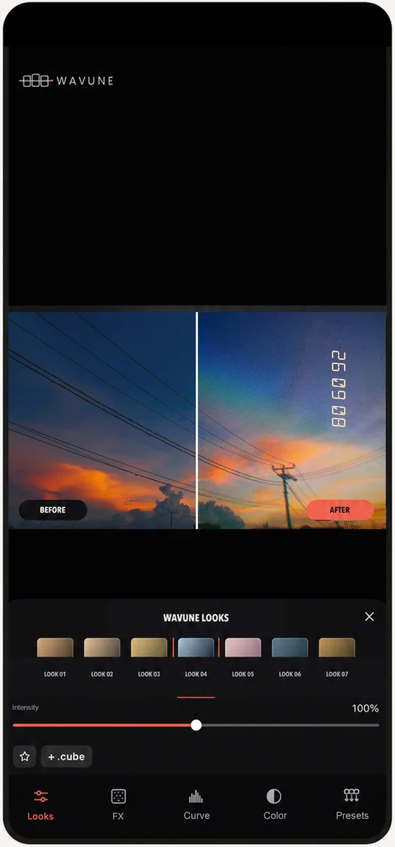 Choosing a color preset, with the same sunset shown before and after side by side