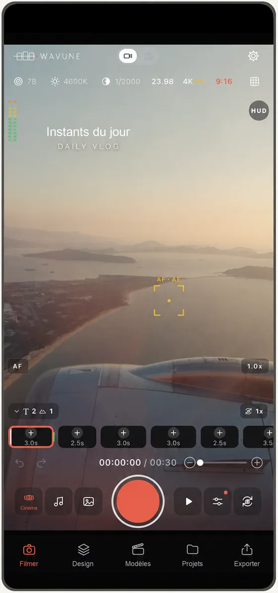 L'écran de prise de vue de WAVUNE : un paysage au coucher du soleil dans le viseur, avec la timeline des séquences et le bouton d'enregistrement en dessous
