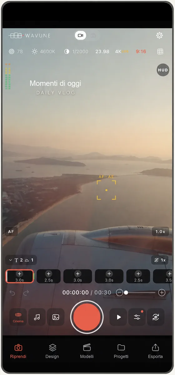 La schermata di ripresa di WAVUNE: un paesaggio al tramonto nel mirino e, sotto, la timeline con le clip e il pulsante di registrazione